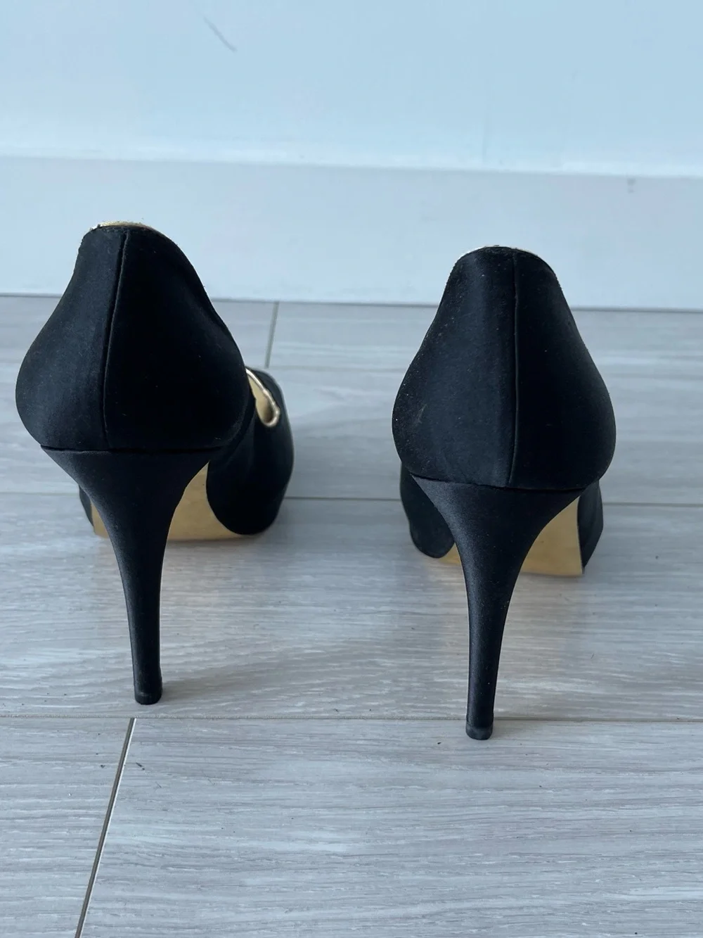 Zara Black Peep-Toe Satin Pumps with Gold Trim Size 40